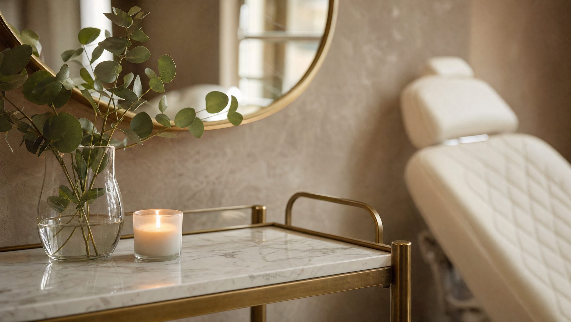A candle and eucalyptus on the marble cart, the treatment chair soft behind
