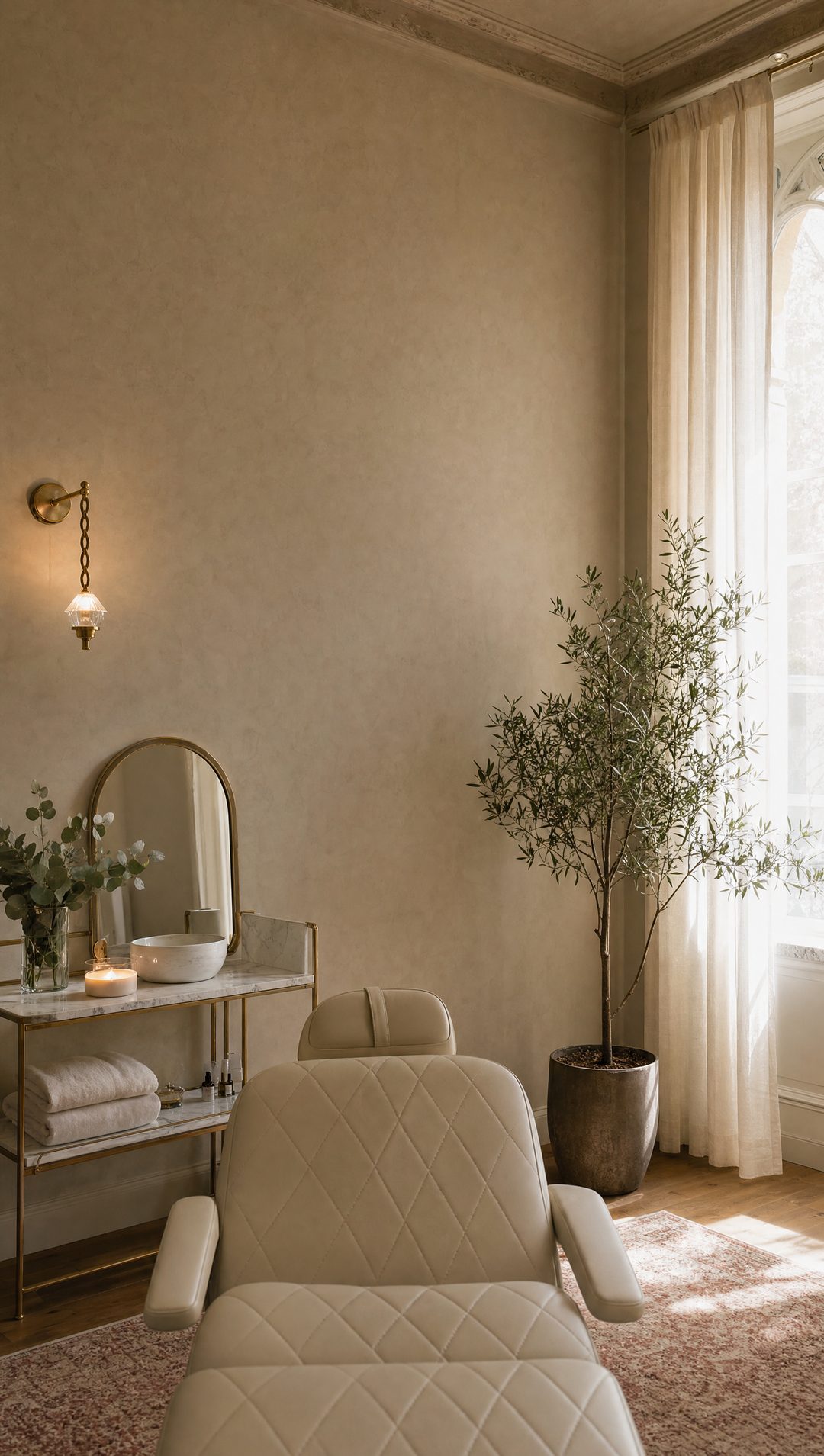 The treatment room in afternoon light: a cream leather chair, a brass sconce, an olive tree by a linen curtain