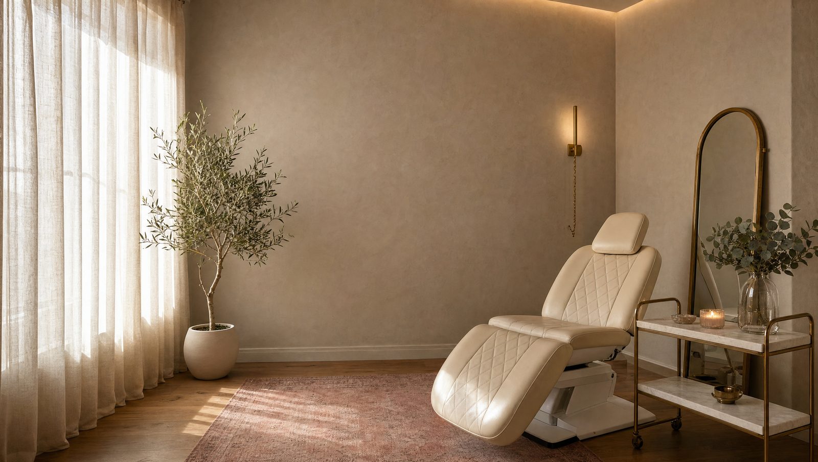 The treatment room in morning light: olive tree, cream chair, brass cart and mirror