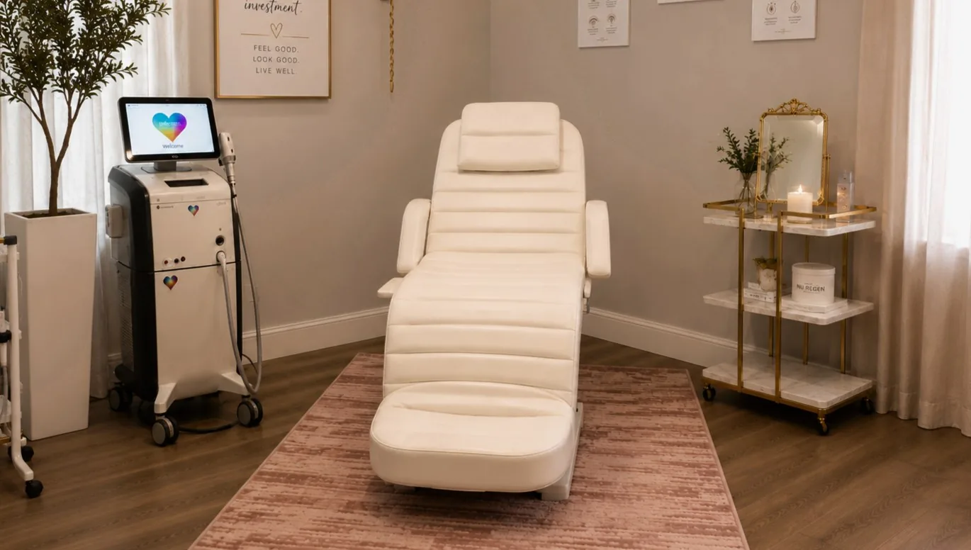 The treatment room: cream leather chair on a rose rug, marble and brass cart, olive tree, sheer curtains